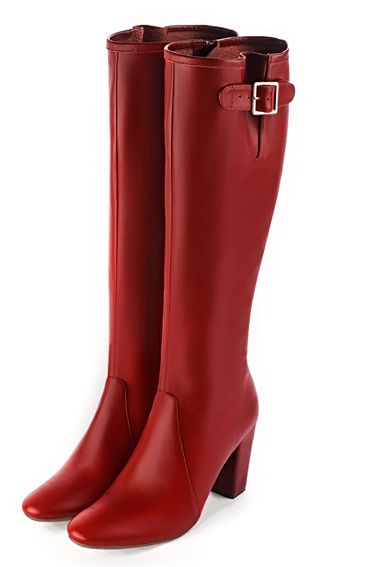 Scarlet red women's knee-high boots with buckles. Round toe. High block heels. Made to measure. Front view - Florence KOOIJMAN